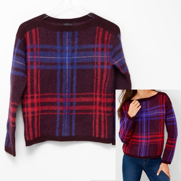 Ann Taylor Sweaters - Ann Taylor Knit Sweater Jacquard Boatneck Plaid Blue Red Size XXS New